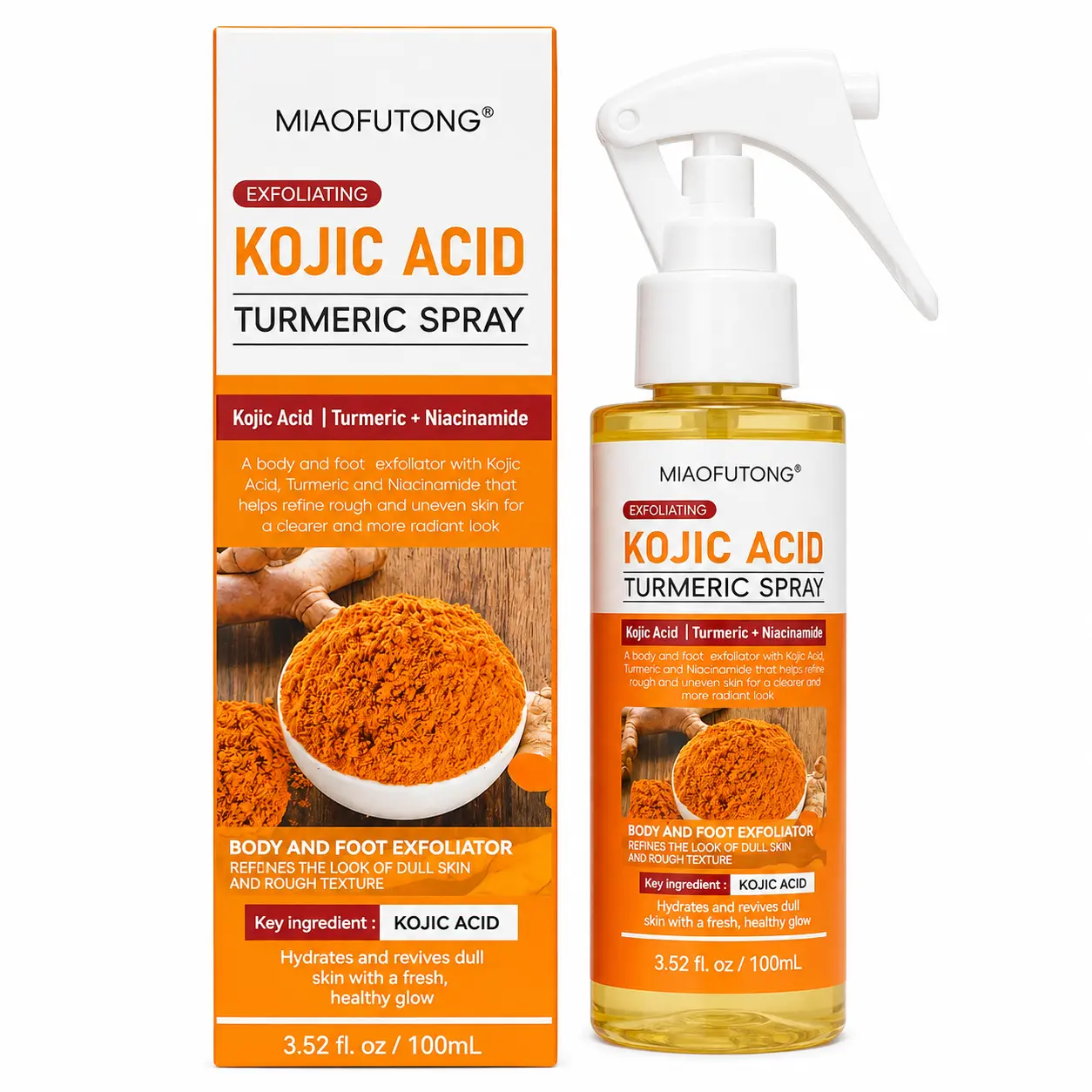 Kojic Acid Turmeric Exfoliating Spray Body Scrub (100ml) - Niacinamide, Hyaluronic Acid, Pore-Clearing, Skin-Smoothing Formula for Body & Foot Keratin Care