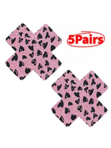 5 pairs of printed disposable nipple covers, Sticky nipple covers, ultra-thin Glitter Pink Heart-shaped Bubble Nipple Pads, Ideal for off-shoulder outfits, brides, and fashion-forward individuals