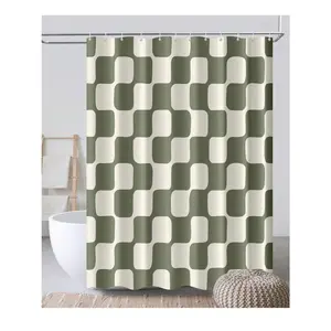 Retro Checkerboard Grid Faux Linen Fabric Shower Curtain With Hooks, 72x72 Inch, Classical Groovy Wavy Checkered Shower Curtain Sets Decoration Bathroom Decor