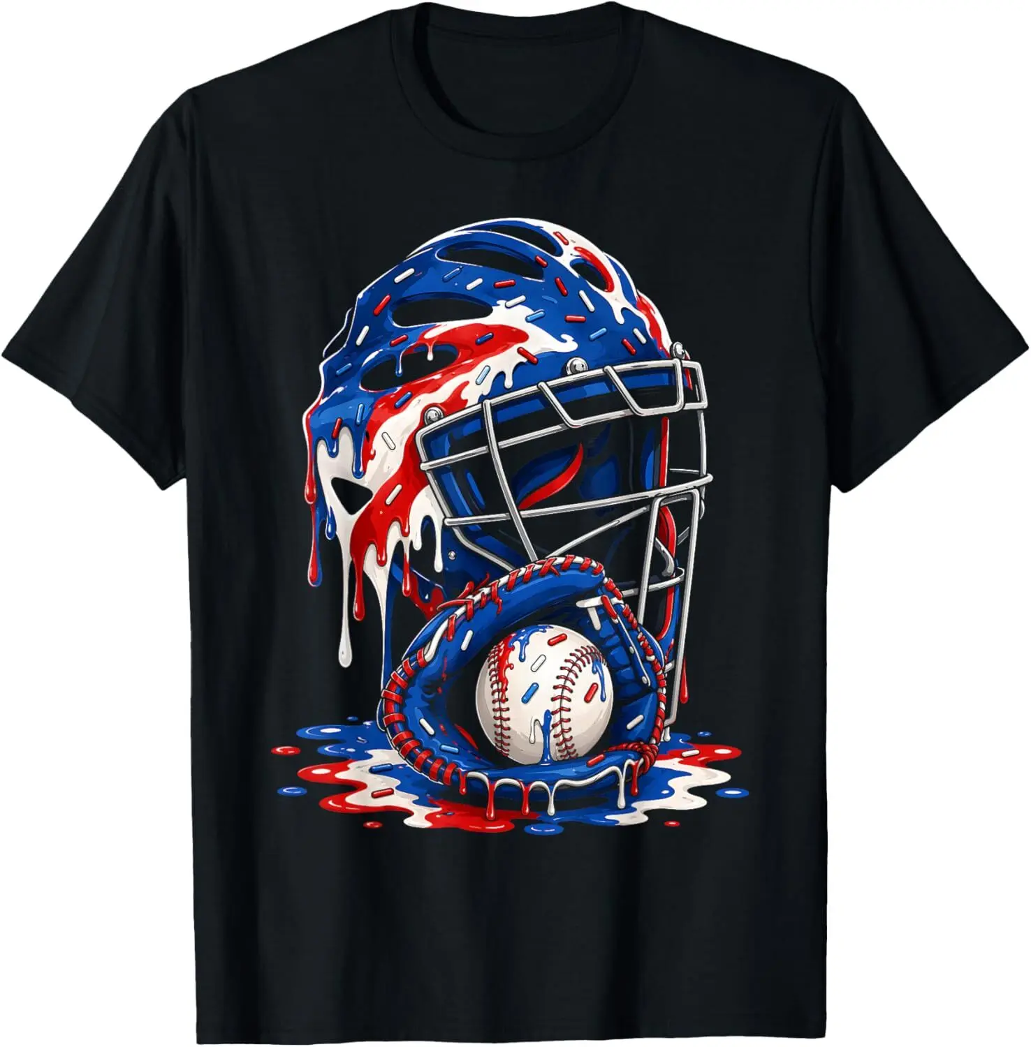 Baseball Ice Cream Drip Catcher American Flag 4th of July T-Shirt Kids graphic tee
