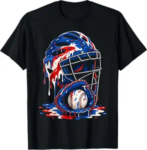 Baseball Ice Cream Drip Catcher American Flag 4th of July T-Shirt Kids graphic tee