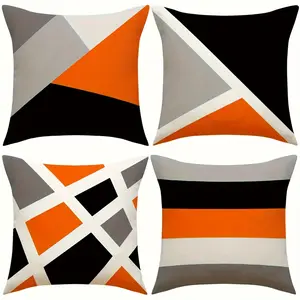 4pcs Geometric Orange & Black Throw Pillow Covers - Modern Polyester Blend Cushion Cases with Zipper Closure, Multiple Sizes Available for Stylish Home Decor, Geometric Pattern, Single-Sided Print, No Insert Included