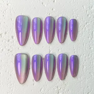 [Aurora] Medium Almond Handmade Press on Nails, Fake Nails with Nail tool kit with Jelly Stickers, Reusable, Durable