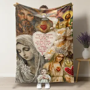 Summervibes Vintage Catholic Sacred Heart Collage Flannel Blanket, Inspirational Spanish Quote & Religious Art Print, Ultra Soft Throw for Devotional Home Decor