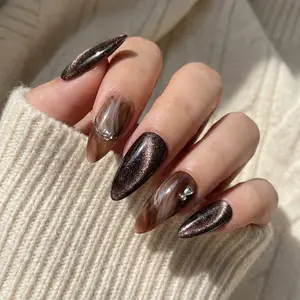 Handmade Press on Nails - Luxury Brown Cat Eye & Amber Marble Design, Reusable Almond Shimmer Fake Nails with Rhinestones, Glossy Glue on Nails Kit for Women (Medium Almond, 10 Pcs)