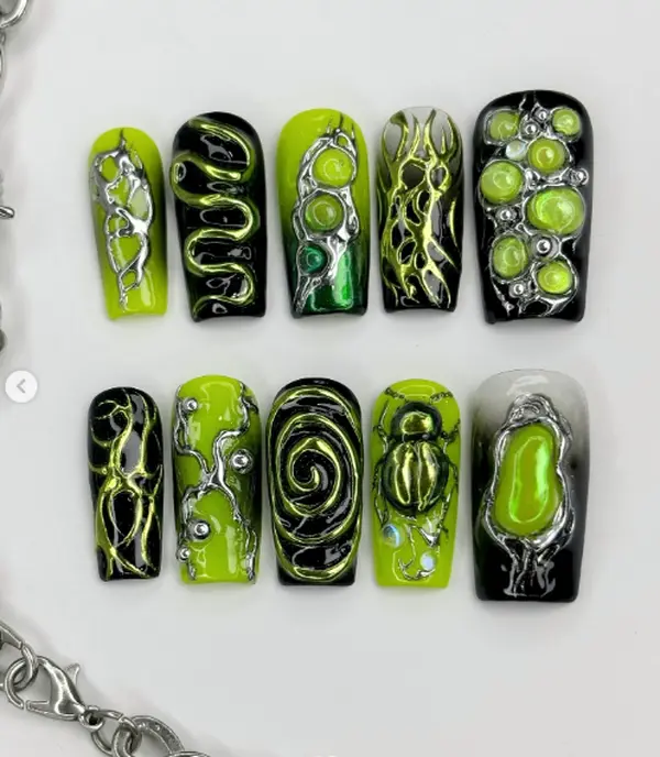 Neon Green Black Chrome Press On Nails, 3D Beetle Bubble Swirl Square Fake Nails, Handmade Cyber Y2K Gothic Nail Set Gift For Her Party Look