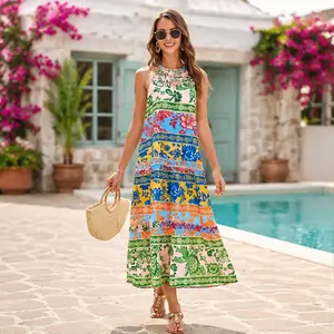 Women's Boho Floral Maxi Dress Spaghetti Strap Smocked Tiered Long Sundress with Pockets Flowy Summer Beach Vacation Resort Wear Travel Outfit stylish sleeveless maxi dress Womenswear Bohemian