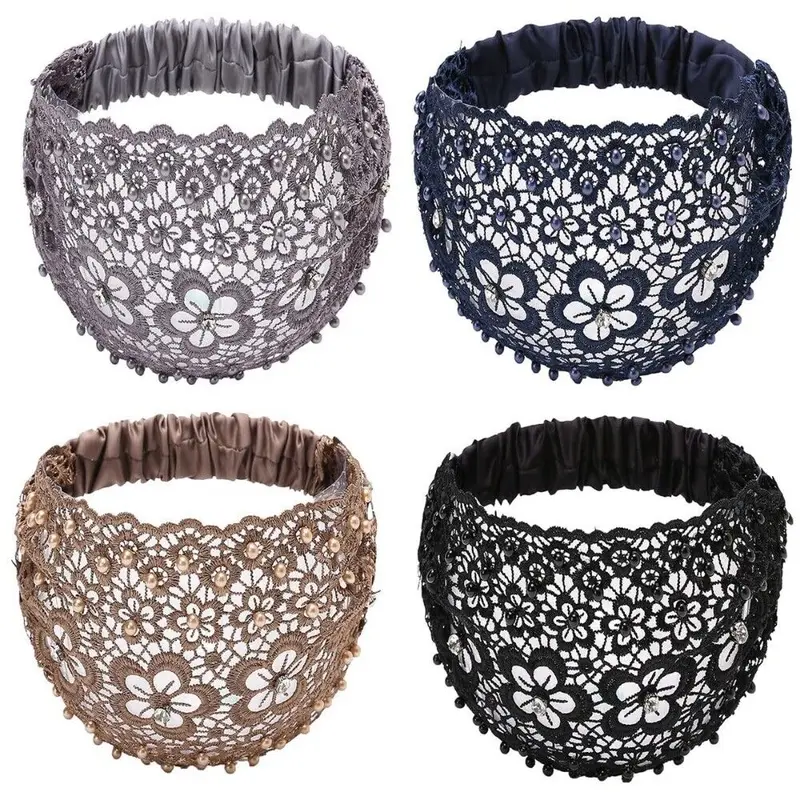 Female 4-Pack Wide Band Elastic Headbands - Cotton-Polyester Vintage Lace with Hollow Pearls, Lightweight for Long Wear, Boho Hair Accessories for Yoga, Beach