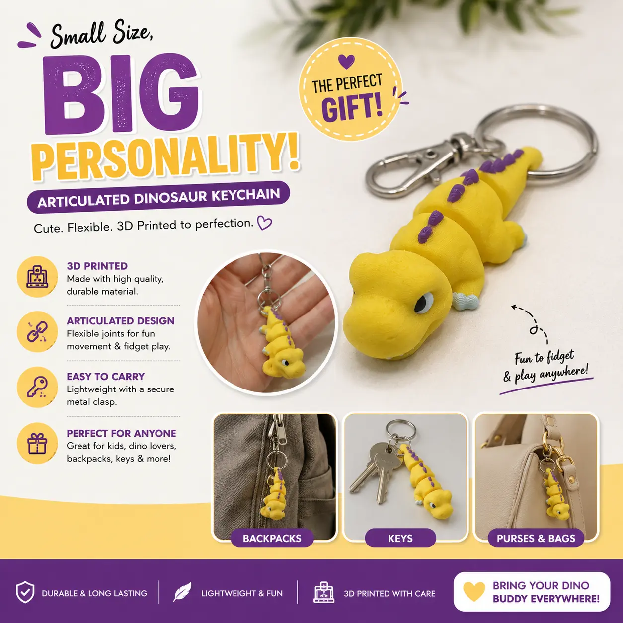 Articulated Yellow Dinosaur Collectible Keychain - Fashion Accessory for Entertainment Enthusiasts, Keychain for Car Keys
