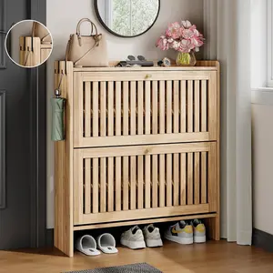 24"/31.5" Modern Slatted Shoe Cabinet with 2 Flip Drawers, Adjustable & Removable Panels, Safety Guard Rail Top, Slim Shoe Storage Cabinet for Entryway