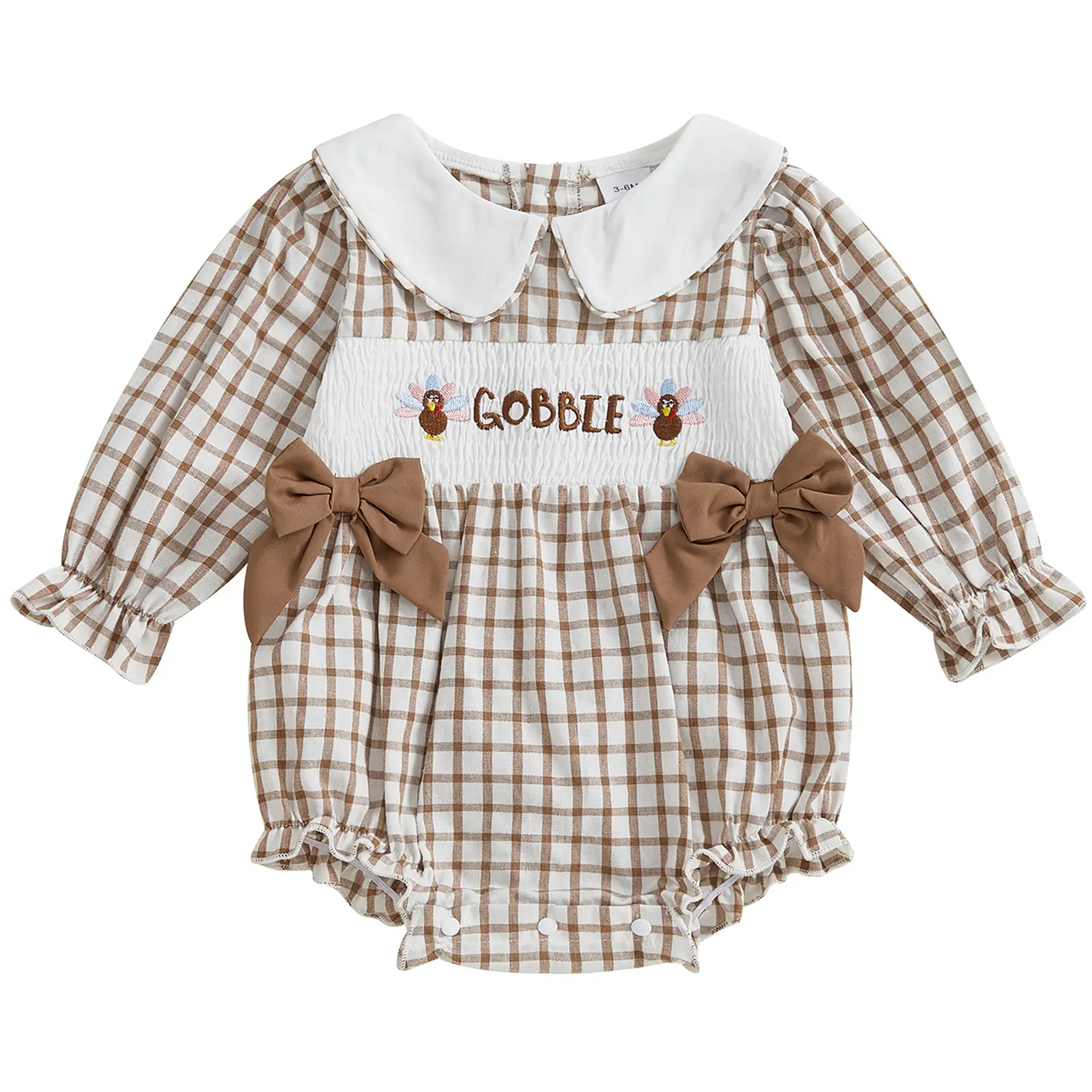 Newborn Baby Girl Thanksgiving Outfit Turkey Gobble Bubble Romper Plaid Ruffle Long Sleeve Smocked Bodysuit Clothes