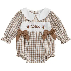 Newborn Baby Girl Thanksgiving Outfit Turkey Gobble Bubble Romper Plaid Ruffle Long Sleeve Smocked Bodysuit Clothes