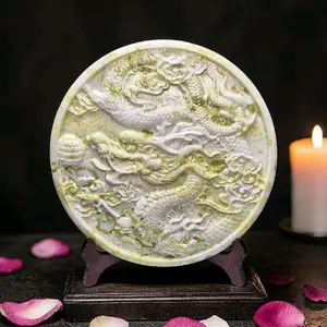 12" Lemon Jade Dragon Decorative Plate - Handcrafted Gemstone Display Plate for Home Decor