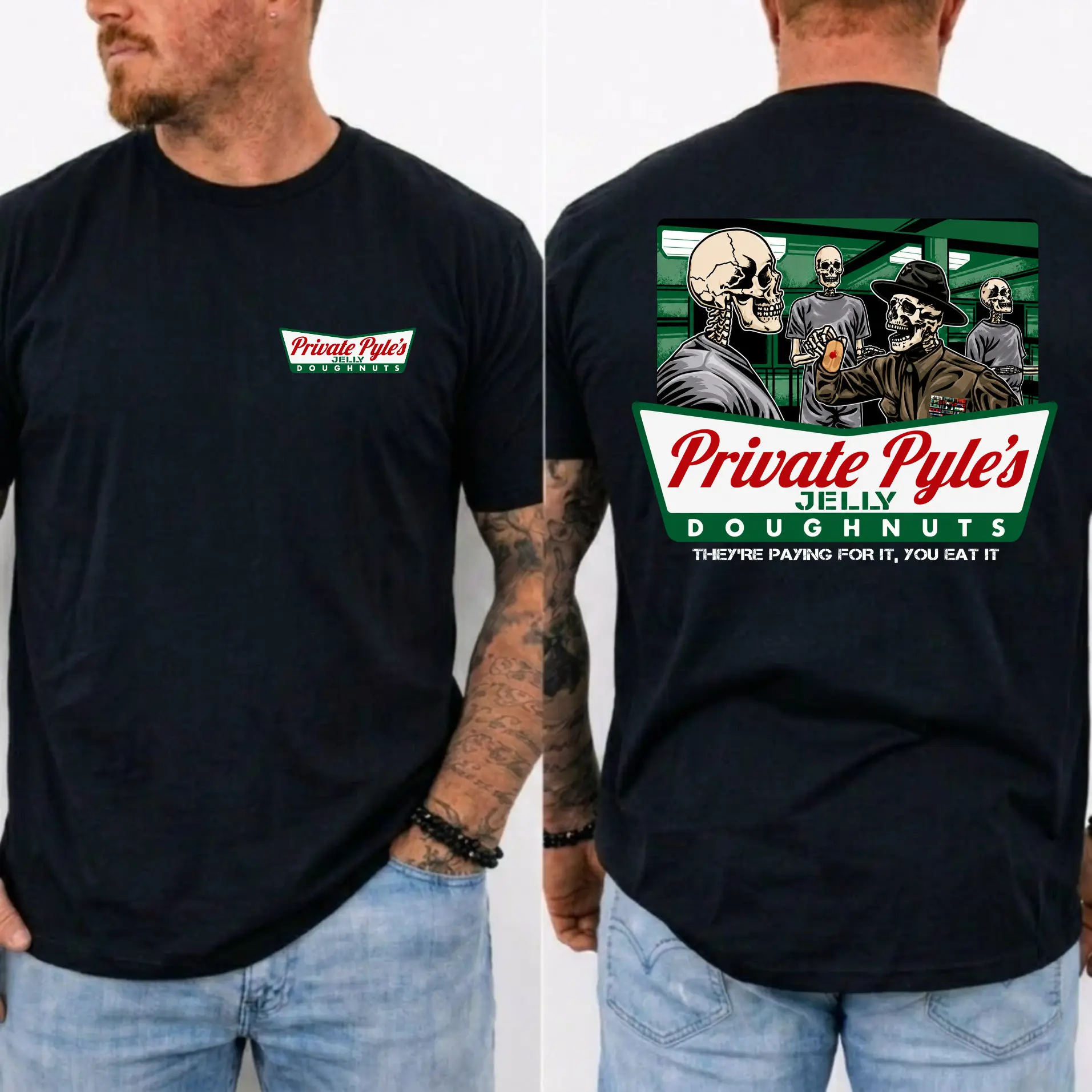 Private Pyle's Jelly Doughnuts-They are Paying For It, You Eat It Side Action Tee, Patriotic Military Graphic Tee, Perfect Gift for Veterans and Soldiers, Unisex Cotton Short Sleeve Shirt for Daily Wear, MADE IN USA