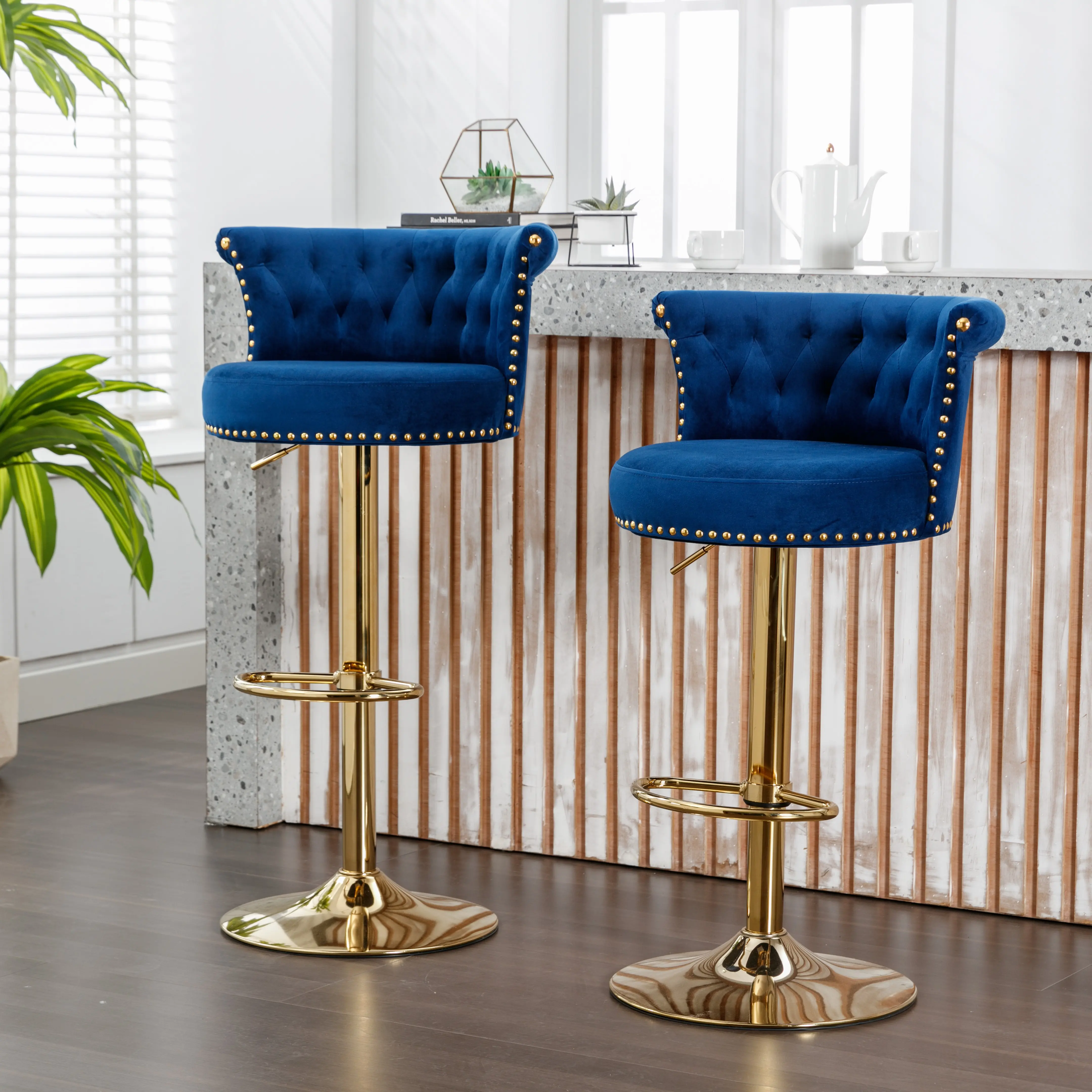Titus 2PC Velvet Adjustable Counter Chairs - Accent Upholstered Chair, 360-Degree Spin Barstools, 1-Click Height Adjustment, Handmade Backrest, Soft Pillow for Modern Kitchen Island, Cafe