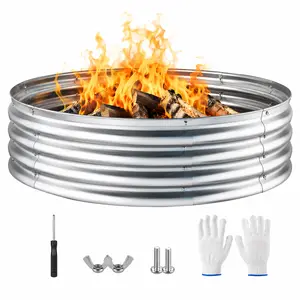 Galvanized Fire Pit Ring for Outside Wood Burning, Heavy Duty Wood Burning Fire Pits&Outdoor Fireplace, Heat Resistant Campfire Ring with Spark Guard, for Outdoor Backyard, Patio & Camping Use
