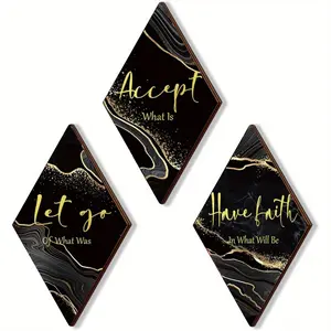 2D Flat Wooden Wall Art Decor, Vintage Wall Art - 3pcs Black Golden Imitation Marble Pattern - Inspirational Home Decor - Emotional Support Wooden Plaque with Double-Sided Tape - Spring/Summer Decoration