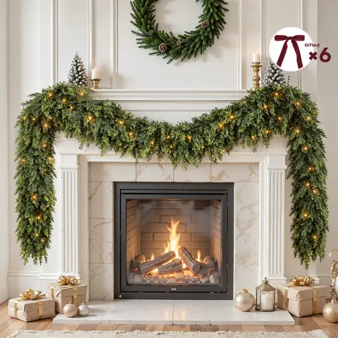 9FT Pre-lit Cedar Garland, Holiday Decor Party Decoration with LED Lights, Gifted Red Velvet Bows & Storage Bag for Mantle, Staircase