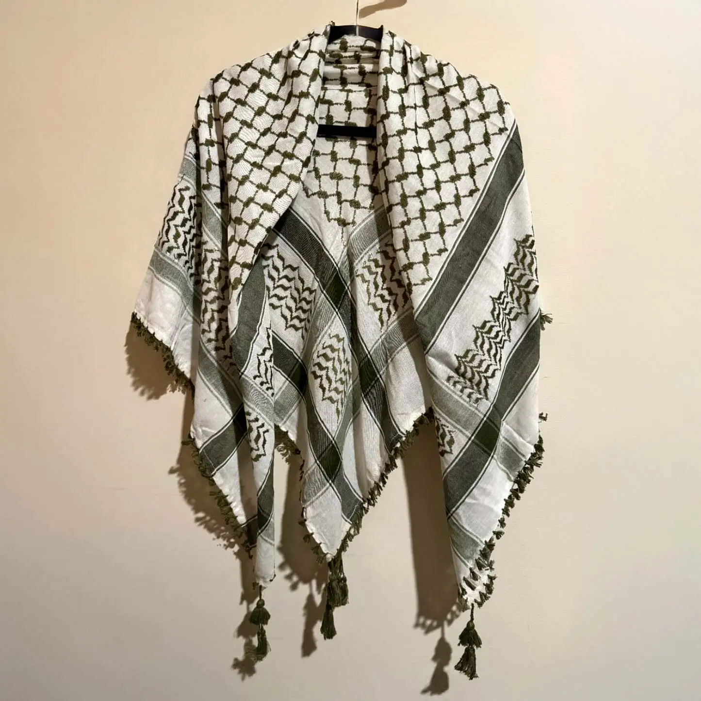 Handmade Cotton All-Seasons Keffiyeh - White and Green Scarf from Bethlehem, a Keffiyeh for Fashion Accessories Use