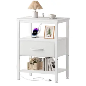 Nightstand with Built-in Charging Station, Bedside Table with Adjustable Fabric Drawer and 3-Tier Storage End Table