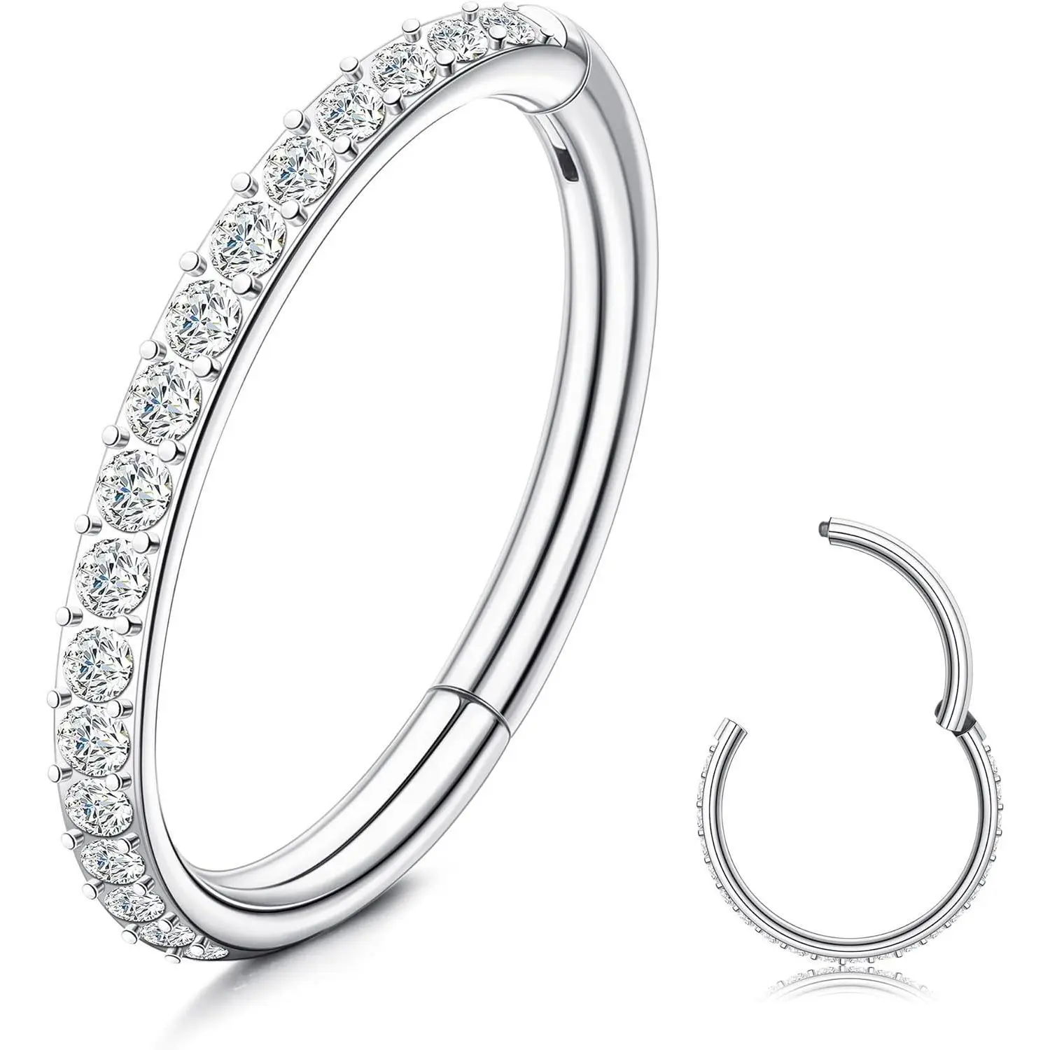 FINREZIO G23 Titanium CZ Nose Rings Hoop for Women 18G 16G Clicker Hinged Segment Septum Lip Rings Tragus Conch Helix Cartilage Rook Daith Earrings Hoop Piercing Jewelry Diameter 6mm 8mm 10mm Silver Gold Daily Cubic Zirconia vintage jewelry