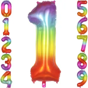 Rainbow Number 1 Balloon 40 Inch, Big Large Foil Number Balloons, Gradient Colorful Mylar 1 Balloon for 1 Year Old Birthday Jelly Party Decorations Supplies Anniversary