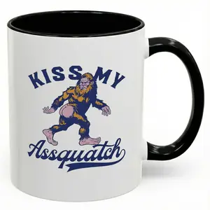 Kiss My Assquatch Mug, Funny Bigfoot Coffee Mug, Sasquatch Novelty Ceramic Cup, Sarcastic Gag Gift For Friends Coworkers, Reusable Drinkware, 11 Oz 15 Oz