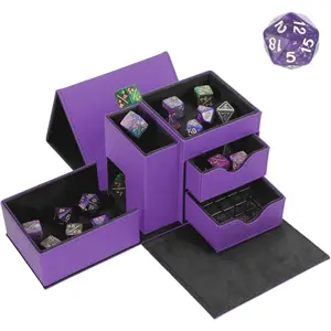 Dice Tray & Dice Tower Storage Box, 3 in 1 Dice Holder Case (Dice Rolling Tray, Dice Rolling Tower, Dice Storage Drawers), Leather Magnetic Closure DND Accessories Gifts for RPG MTG, Violet/Black