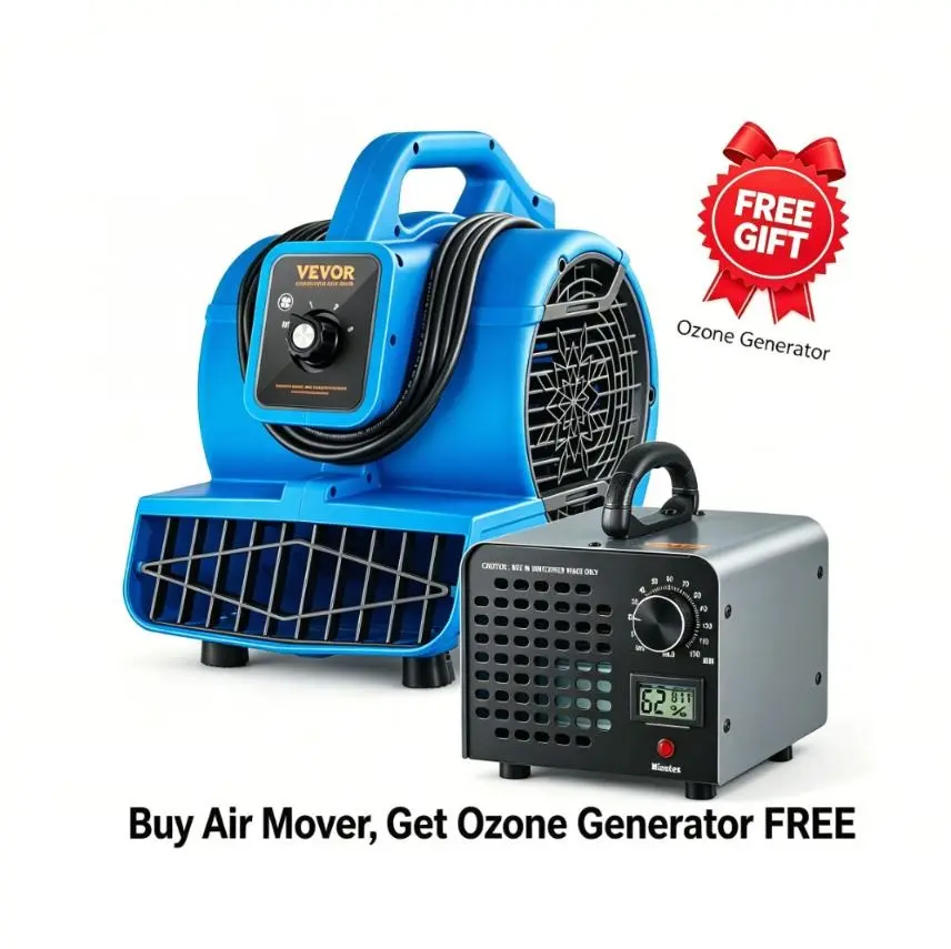 BUY 1 AIR MOVER  GET OZONE GENERATOR FREE VEVOR Floor Blower 1360 RPM 600 CFMAir Mover for Drying and CoolingPortable Carpet Dryer Fan with 4 Blowing Angles,3-Speeds Adjustmentfor JanitorialHomePlumbingCommercial Use,  Handheld Portable Blower