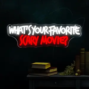 What'S Your Favorite Scary Movie Neon Sign, Gothic Neon Light USB Powered Dimmable LED Halloween Neon Signs for Wall Decor, for Movie Room Party Terrifying Interior Decor(15.7 * 5.1 In)