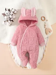 Cute Bunny Pattern Plush Hooded Long Sleeve Footed Onesie for Infants, Cozy Fall and Winter Home Wear for Newborns