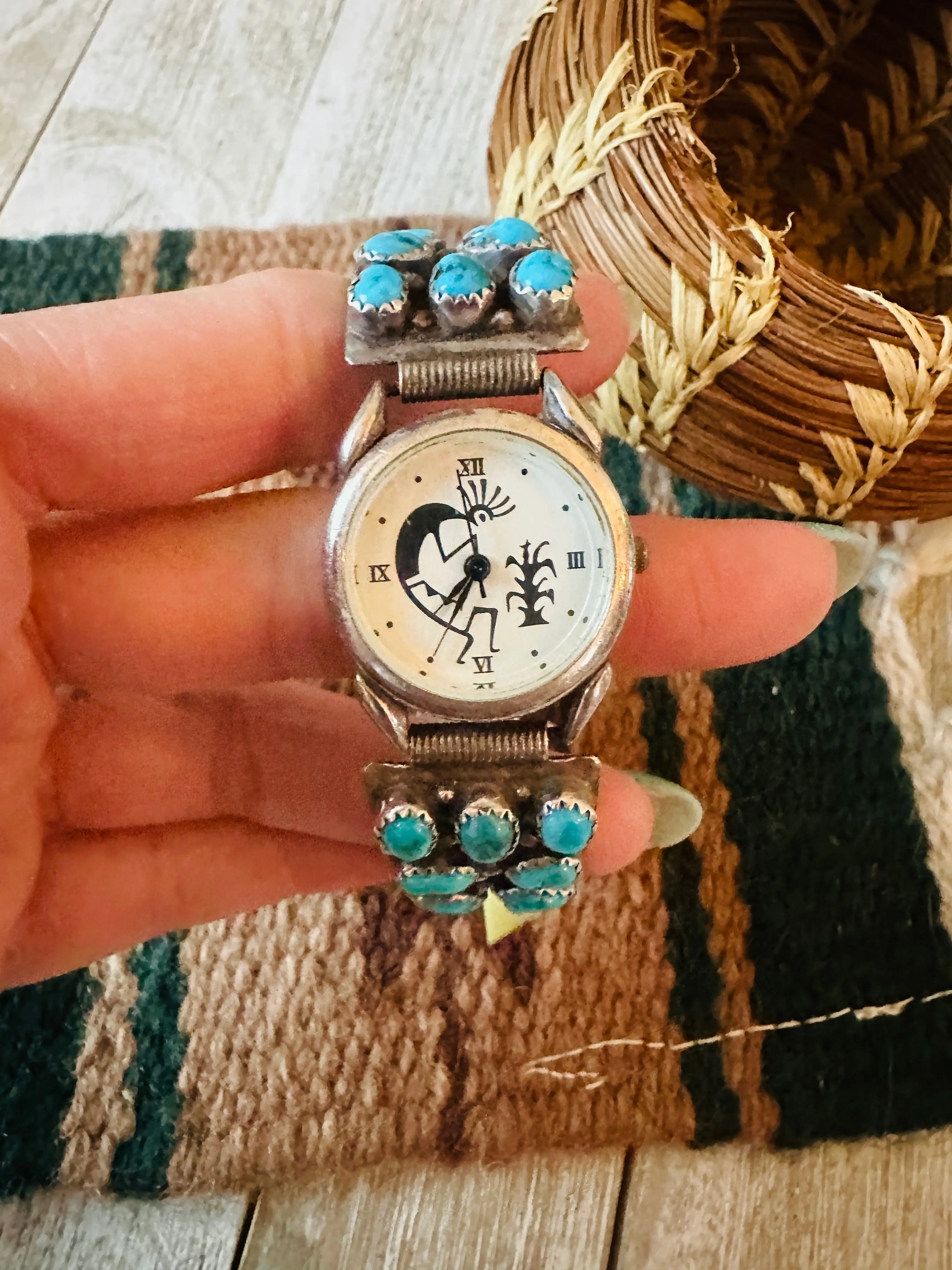 Old Pawn Vintage Handcrafted Turquoise & Sterling Silver Watch-