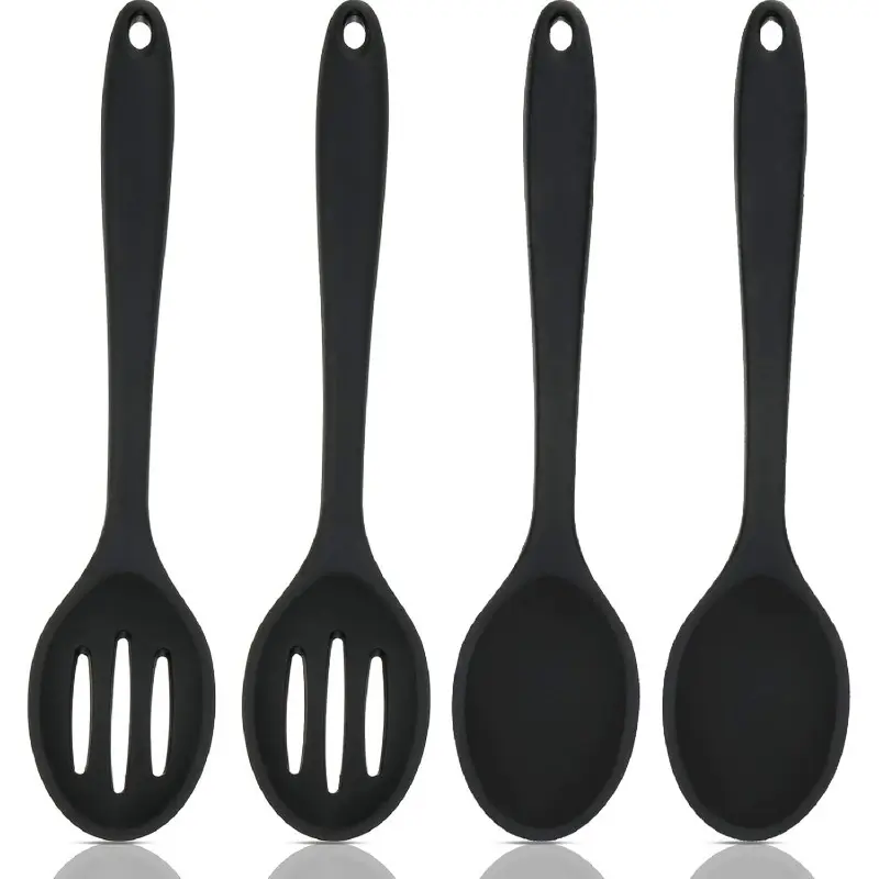 BPA-Free Food Grade Flexible Silicone Cooking Spoons Set, 4-Pcs 10.83 in Nylon-Infused Heat-Resistant Nonstick Utensils - Slotted, Mixing Styles, Black Kitchen Tools, Ideal Gift for Home Cooks