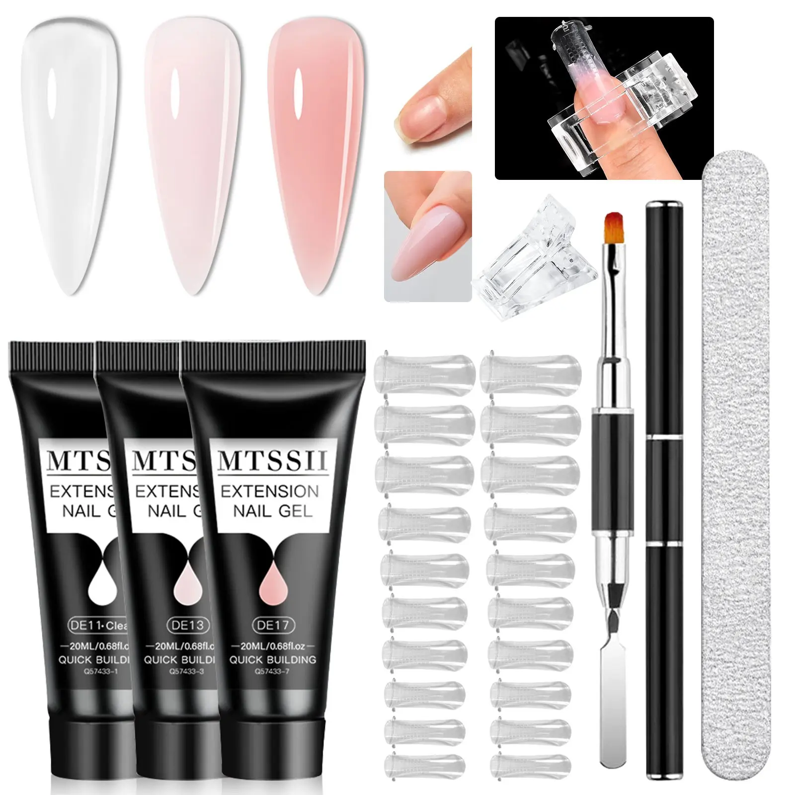 MTSSII Pink Series Quick Building Nail Extension Gel Polygel Nail Kit Include Shaping Clips, Dual-Purpose Pen, Rubbing Strips, 20pcs Fake Nails, False Nail Kit, LED Poly Gel for Nails Extension Manicure, Poly Gel Nail Kit Complete