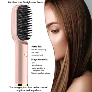Cordless Hair Straightener Brush for Women or men,Portable Electric Hair Straightening Comb with Negative Ions,Fast Heating,USB Rechargeable,Anti-scald,Portable Design for Travel Flawless Comfort Plug