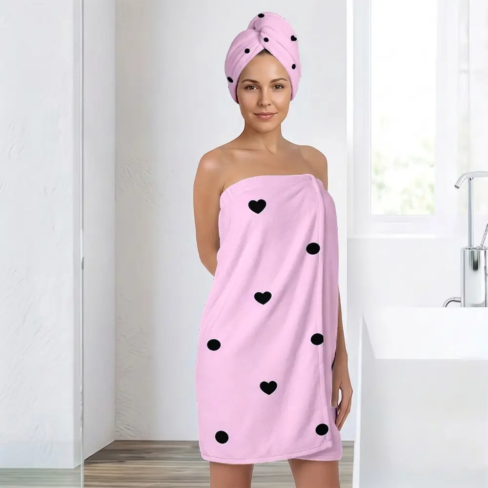 2pcs Heart Dot Print Bath Towel Set, Adjustable Bath and Hair Dryer Towels, Super Absorbent Microfiber, Multifunctional Towel, Multi-Use for Home, Gym, Beach, Travel, Towels for Bathroom