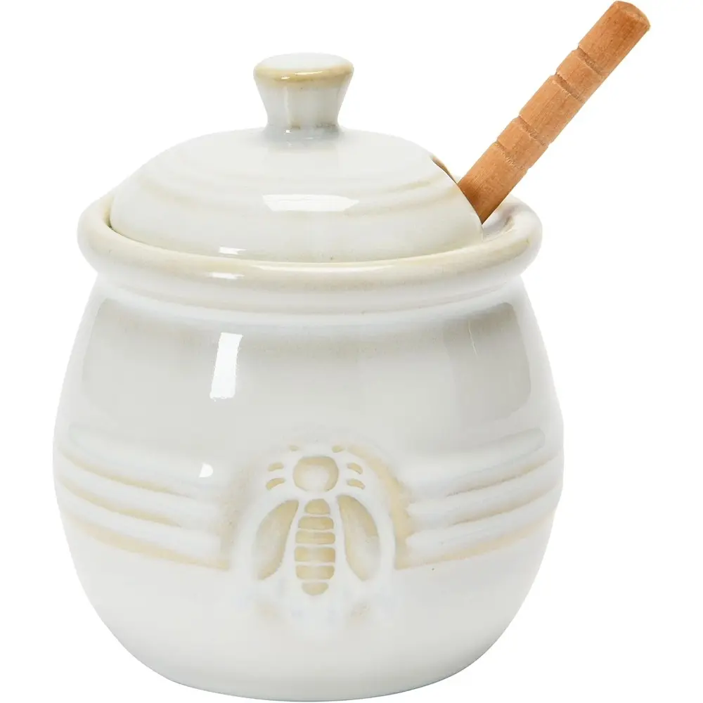 White Farmhouse 3.5 in Round Embossed Bee Stoneware Honey Jar with Bamboo Dipper - 4.25 in H Oven-Safe Dishwasher-Safe Preserving Container, Bee Illustration Decorative Accent for Afternoon Tea