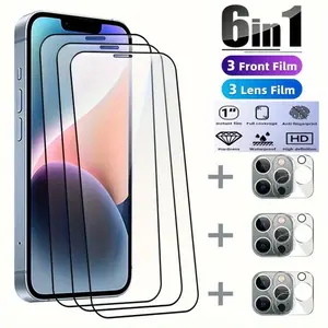 6 Pack Tempered Glass Screen Protector for iPhone 16 15 14 13 12 11 Pro Max Plus Mini HD Clear 9H Hardness Anti Scratch Shatterproof Bubble Free Easy Installation with 3 Front 3 Camera Lens Protectors