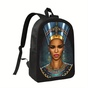 Custom Kids Backpack for School Girls Boys GIfts Customized Egyptian Queen Nefertiti Backpack - Stylish Black Polyester with Colorful Egyptian Design, Adjustable Straps, Lightweight & Durable for Daily Commute, School, or Travel