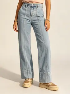 Women's High-Waisted Wide-Leg Denim Pants - Loose-Fit  Barrel Jeans with Pocket, Streetwear Womenswear Bottoms