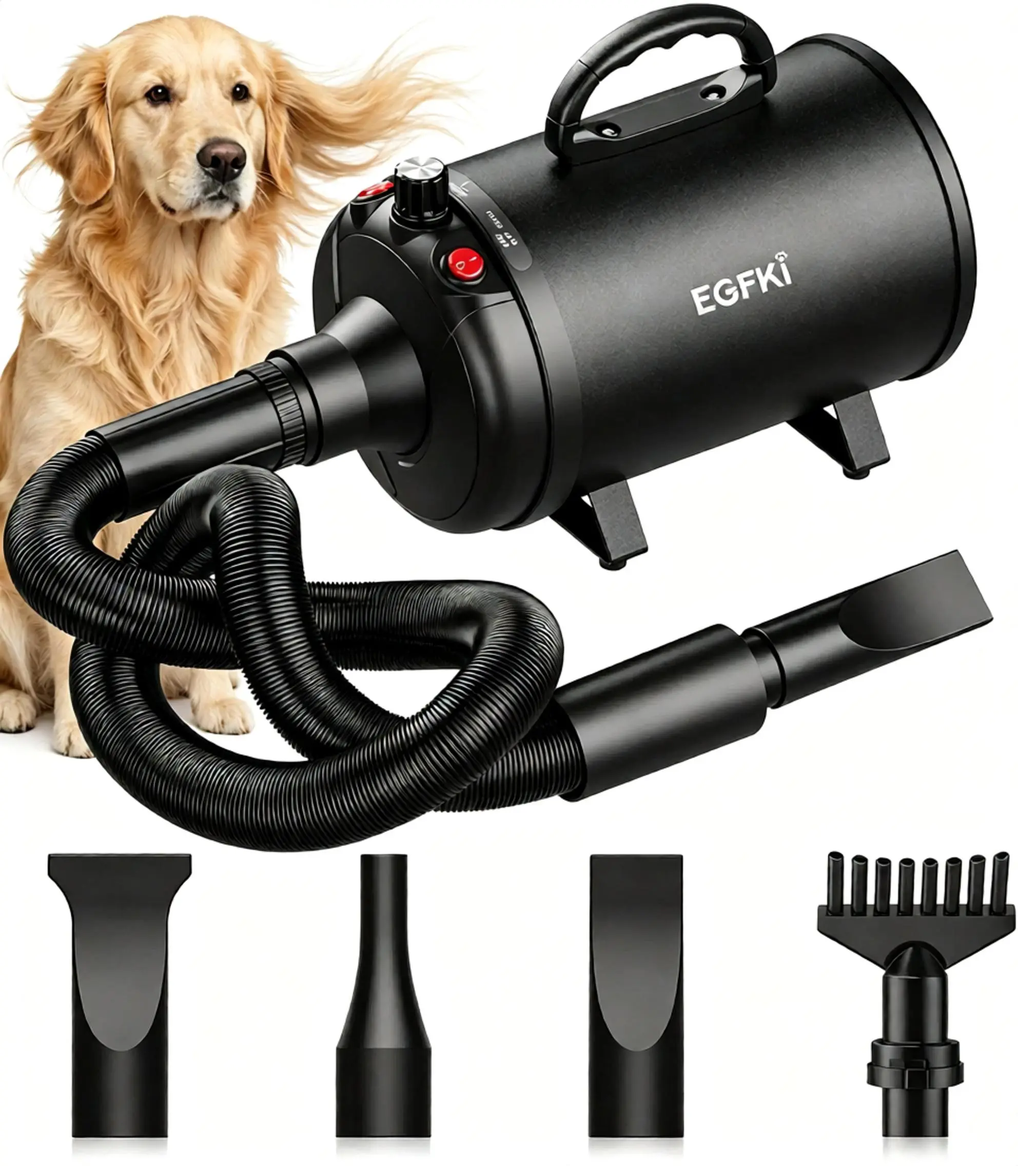 Dog-Hair-Dryer, 5.2HP/ 3800W High Velocity Pet Blow Dryer with Heater for Grooming, Speed Temperature Adjustable Dog Blower Grooming Dryer with 4 Nozzles