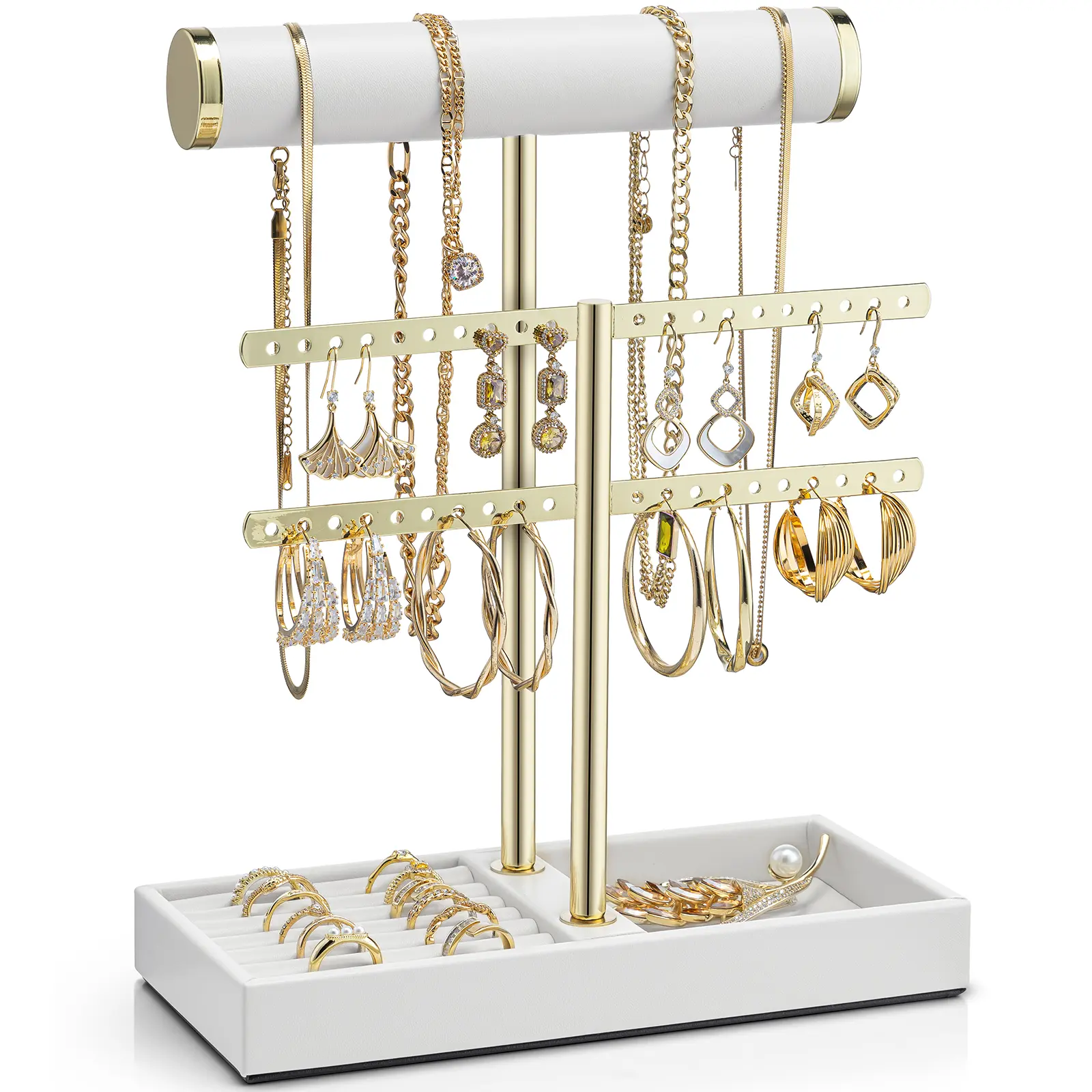VLANDO 2 Tier Necklace Holder Organizer with Tray, Leather Bracelet Holder Display for Women, Gold Jewelry Holder Stand for Bracelet, Necklace, Earrings, Rings - White Accessories Box Dressing Table Storage, Boxes, Beauty Supplies Organizer summerwins