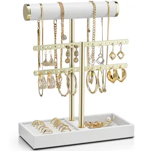 Vlando 2 Tier Necklace Holder Organizer with Tray, Leather Bracelet Holder Display for Women, Gold Jewelry Holder Stand for Bracelet, Necklace, Earrings, Rings - White