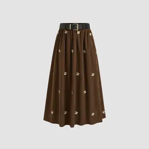 Cider [3 colors, size 2-26] Corduroy Mid Rise Floral Embroidery Ruffle Pocket Maxi Skirt With Belt