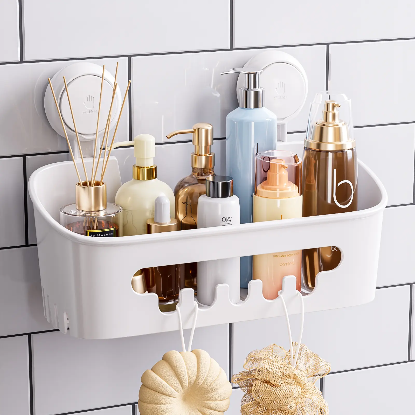 TAILI Shower Caddy Suction Cup, Heavy Duty Bathroom Shower Organizer, Removable Shelf for Inside Shower, Shampoo, Wall Mounted Plastic Shower Storage for Bathroom Accessories, White organizer rack inside shower Bath Towel Rack