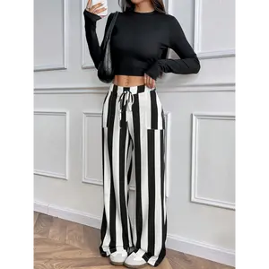Women's Elegant High-Waisted Wide-Leg Pants - Black & White Striped Elastic Waist Trousers for Casual & Work, Spring Summer Fall Regular Fit Long Pants with Faux Drawstring Detail, High Waist Pants,Workwear Trousers,Relaxed Silhouette,Sm Fabric Womenswear