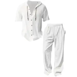 Men's 2-Piece Linen Clothes Set, Plain Shortsleeve Hooded Sweatshirt and Wide-Leg Trouser, Washed Loose Breathable Lightweight Thin Fabric, Casual Vacation Summer Wear