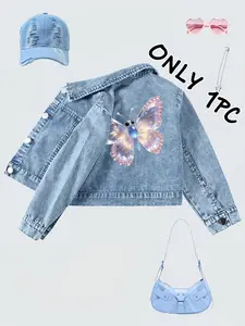 Girls' Outdoor Casual Button Denim Jacket, Butterfly Print, Spring & Fall Fashion, Fitted Style, Daily Wear, No Zipper, Button Front Coat