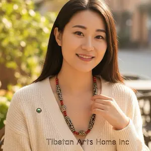 Tibetan Arts Home Inc Four 9-eye Dzi Bead Necklace with Three Lotus Dzi for Men & Women Protection Wealth Health Success