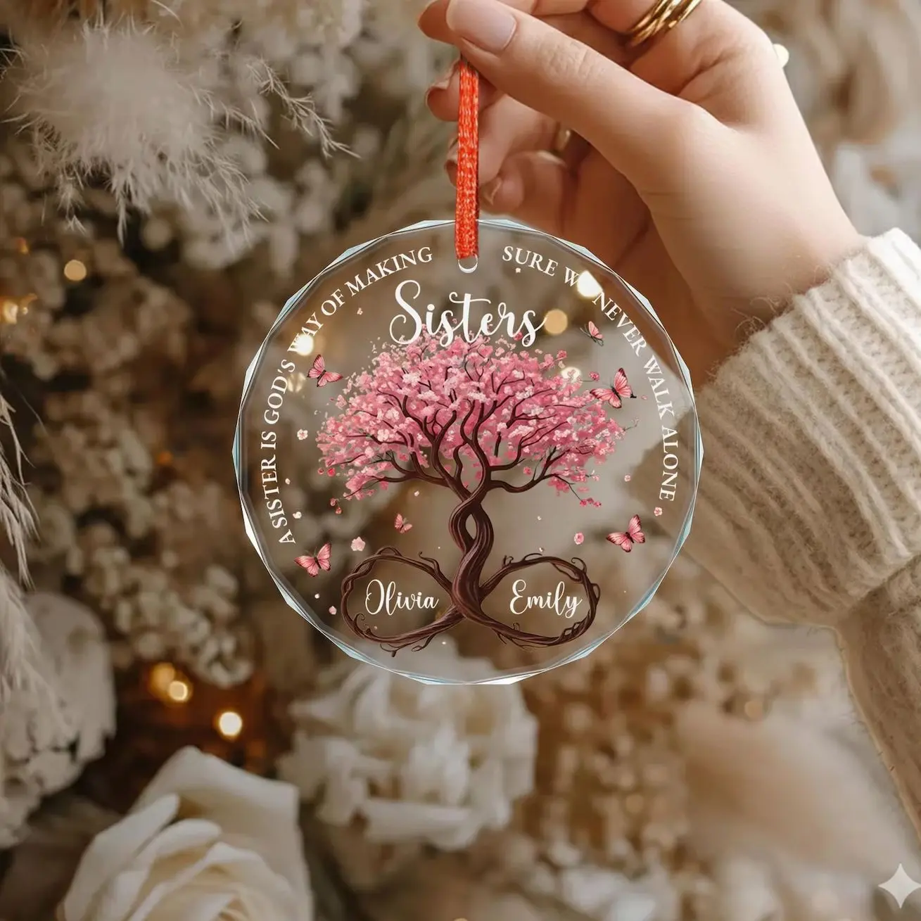 Personalized Sisters Glass Ornament, God’s Way Friendship Gift, Sister Ornament Gift with Custom Names, Tree of Life Ornament Decor